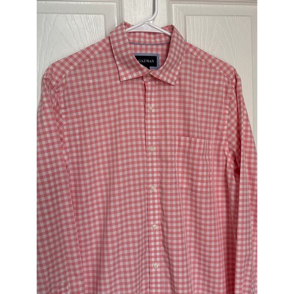 Gazman Easy Care Gingham Check Shirt pink coral & white cotton preppy medium - Picture 6 of 14
